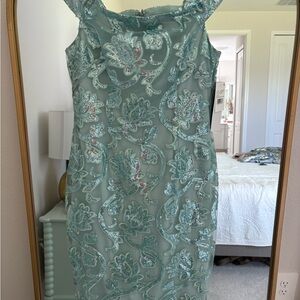Adrianna Papell Seafoam Embroidered Lace Midi Dress